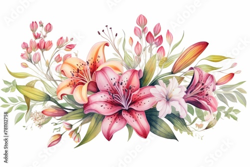 Watercolor alstroemeria clipart featuring colorful blooms with speckled petals. flowers frame, botanical border, Delicate floral illustration for wedding, greeting cards, jewelry and other designs. © JR BEE