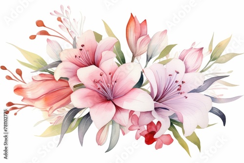 Watercolor alstroemeria clipart featuring colorful blooms with speckled petals. flowers frame, botanical border, Delicate floral illustration for wedding, greeting cards, jewelry and other designs. photo