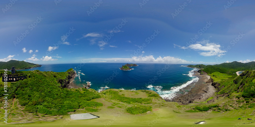 Seascape: Tropical island in the ocean. Palaui island, Cape Engano, Dos Hermanas island. Philippines. VR 360.