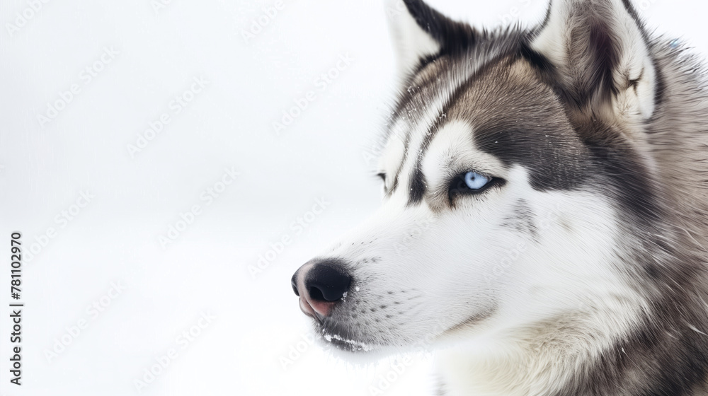 A Siberian Husky with piercing blue eyes,