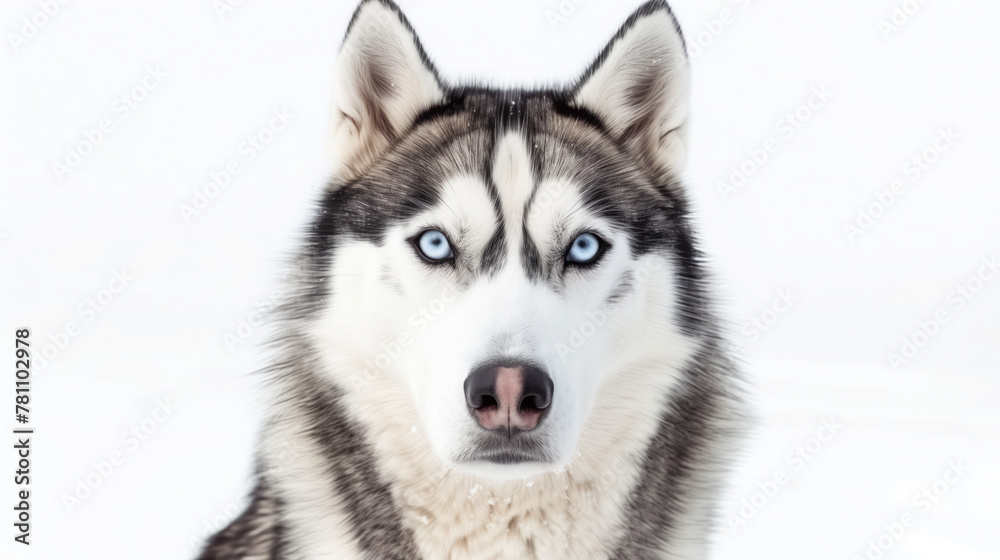 A Siberian Husky with piercing blue eyes,