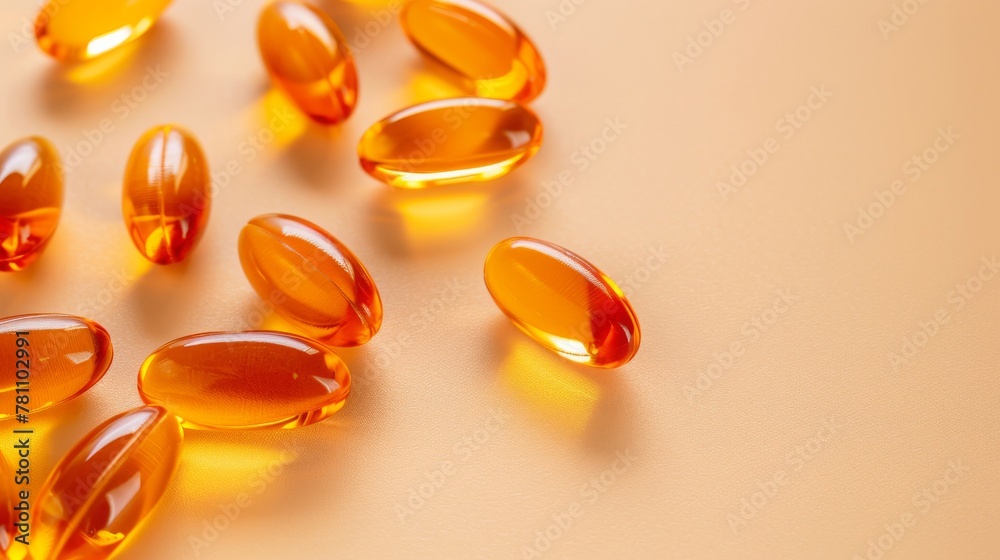 Fish oil capsules on beige background, source of vitamin D, selective focus. Omega 3. Healthy lifestyle concept. Fish oil capsules on beige background, source of vitamin D, selective focus. Omega 3. Healthy lifestyle concept.