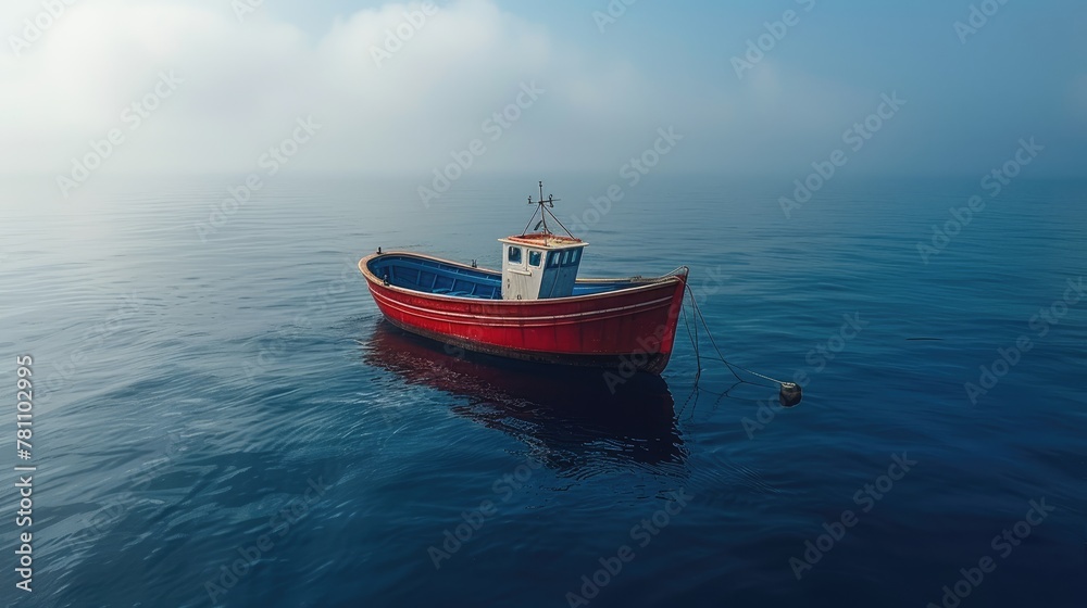 Fototapeta premium Single red fishing boat in the misty sea