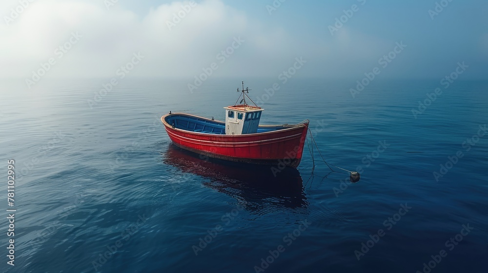 Single red fishing boat in the misty sea