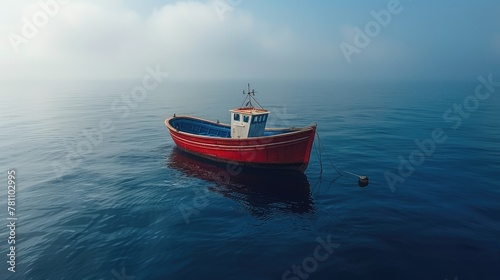 Single red fishing boat in the misty sea © Настя Олейничук