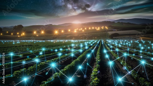 Digital farming, digital network, Iot, and Ai in agriculture and farming. Wide format. Hand edited. 