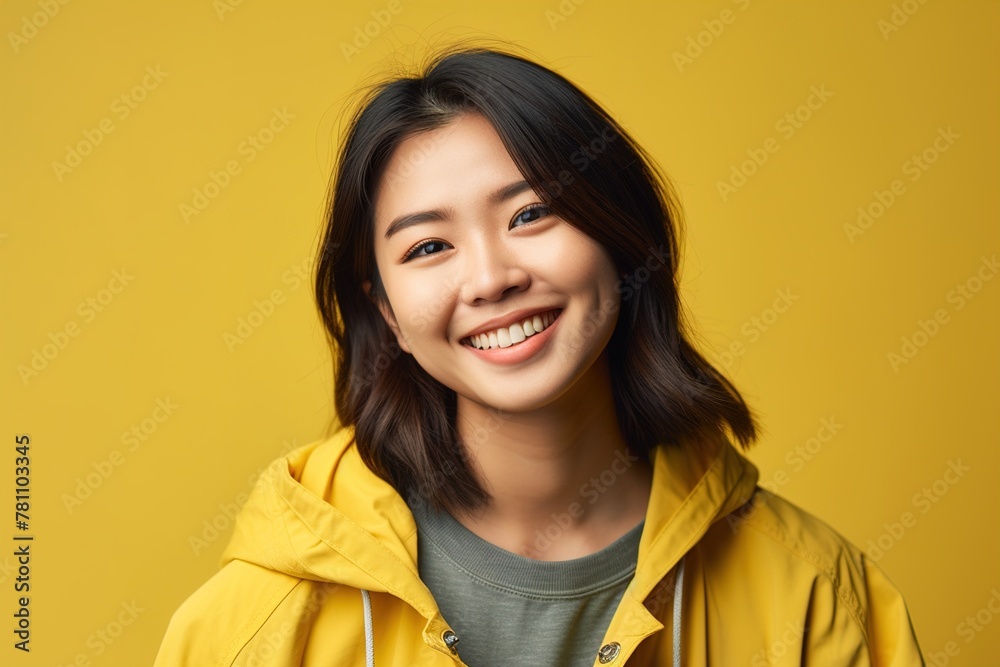 A woman with short hair is smiling and wearing a yellow jacket A woman with short hair is smiling and wearing a yellow jacket