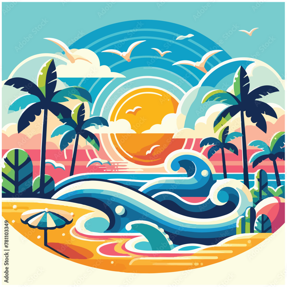 summer beach illustration. Vector ocean sunset scenery. Colorful tropical beach landscape.