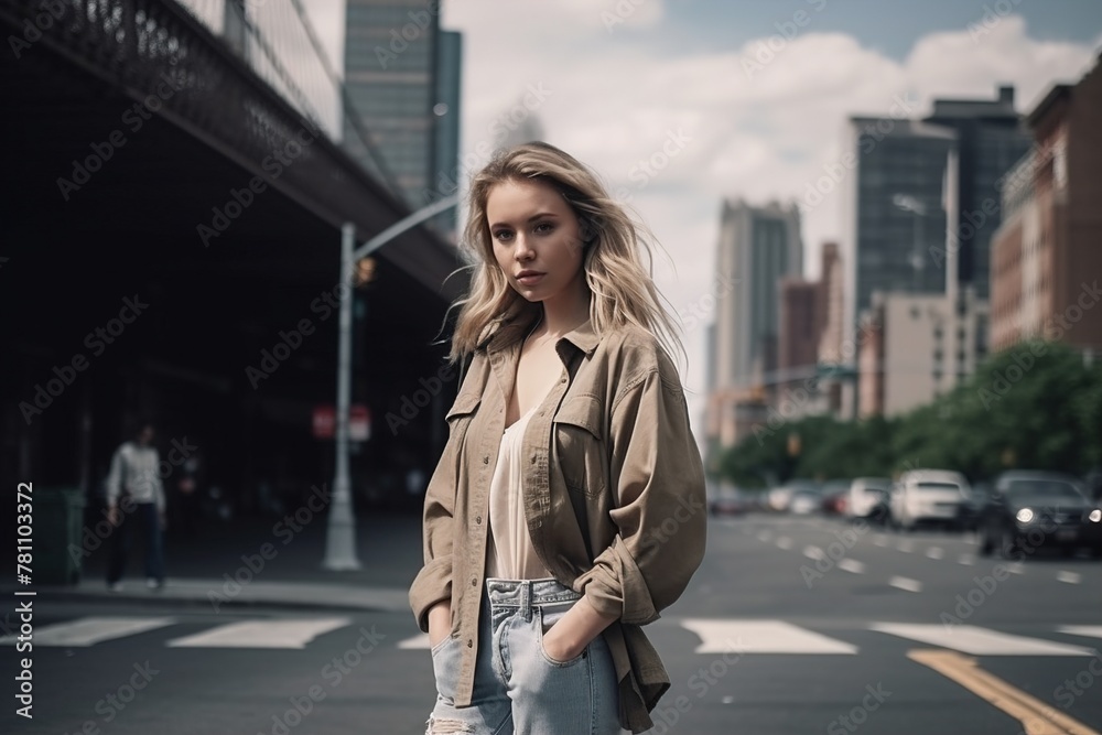 Fototapeta premium A woman in a tan jacket stands on a city street