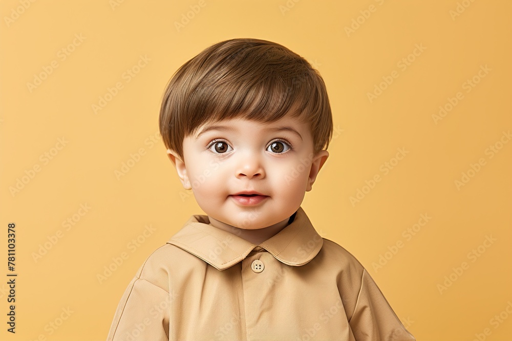 A baby boy is wearing a brown shirt and smiling A baby boy is wearing a brown shirt and smiling