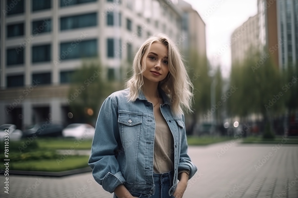 Fototapeta premium A blonde woman wearing a denim jacket