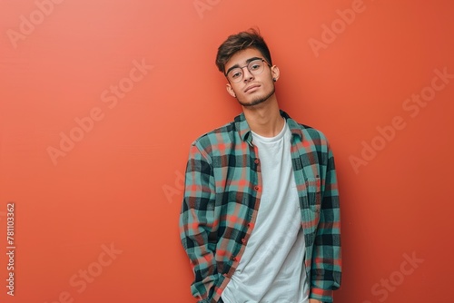 Wallpaper Mural A man in a plaid shirt and glasses stands in front of a red wall Torontodigital.ca