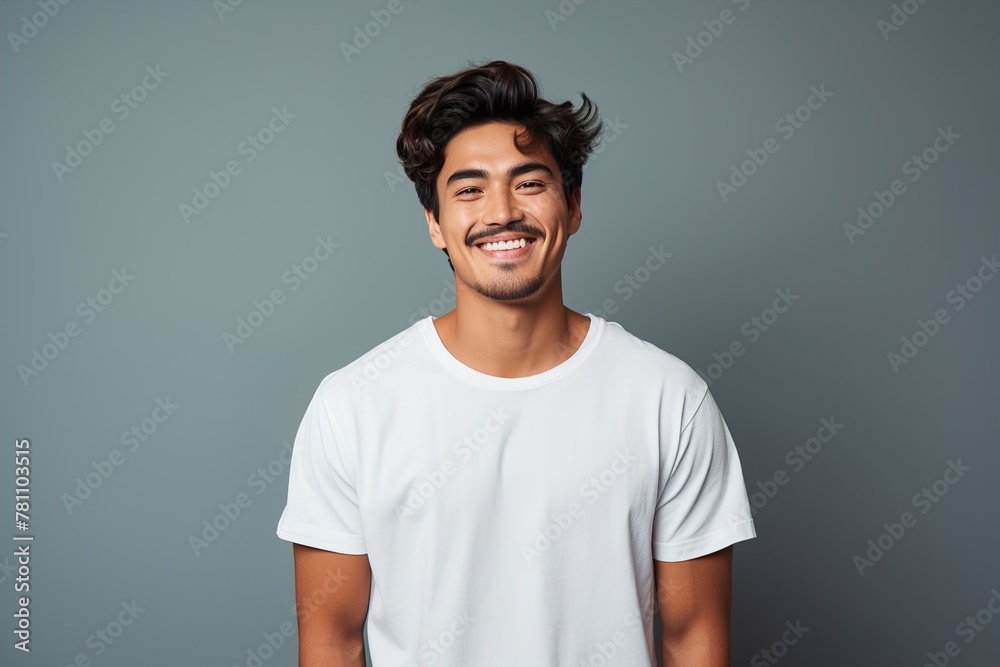 A man with a white shirt and a mustache is smiling