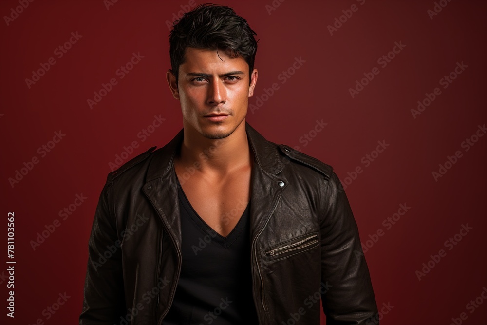 A man in a leather jacket is standing in front of a red background A man in a leather jacket is standing in front of a red background