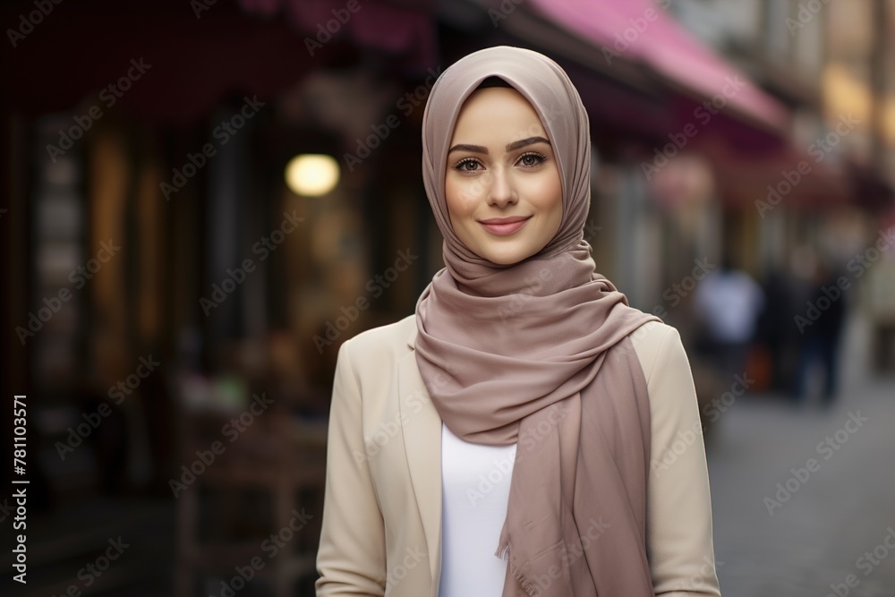 A woman wearing a scarf and a white shirt stands in front of a pink awning A woman wearing a scarf and a white shirt stands in front of a pink awning