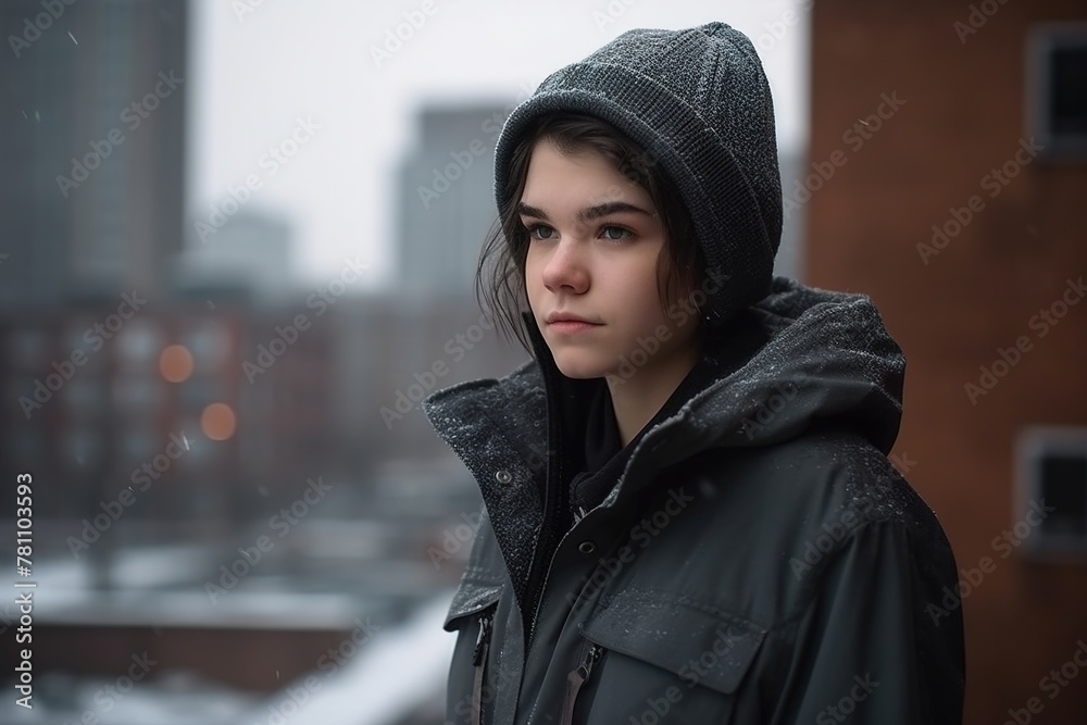 A woman wearing a black coat and a hat stands in the snow A woman wearing a black coat and a hat stands in the snow