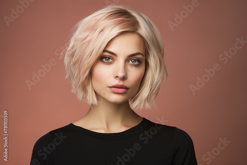 A woman with short blonde hair and a black shirt