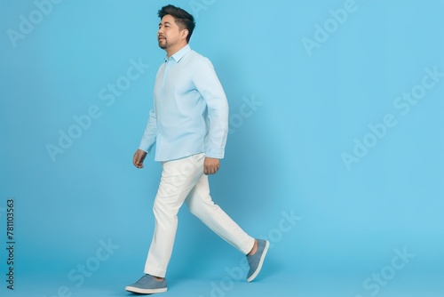 A man in a blue shirt and white pants walks across a blue background