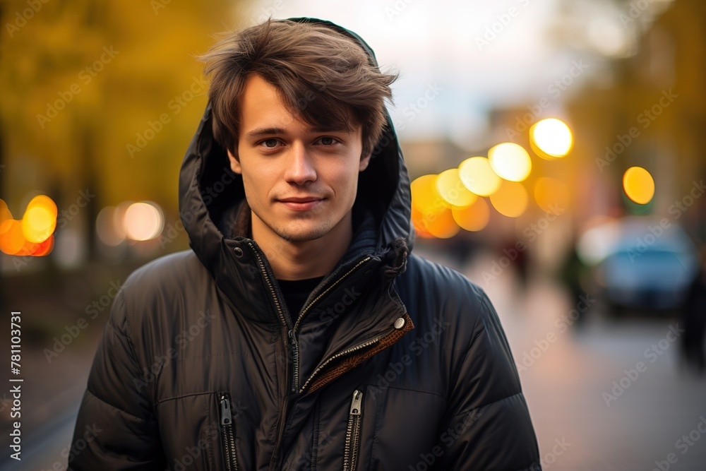 A young man wearing a black coat and a hoodie is standing on a street A young man wearing a black coat and a hoodie is standing on a street