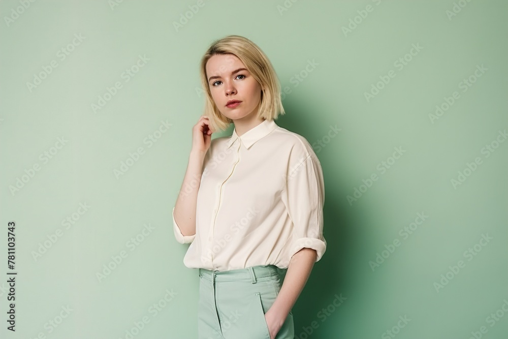 A woman is wearing a white shirt and green pants A woman is wearing a white shirt and green pants