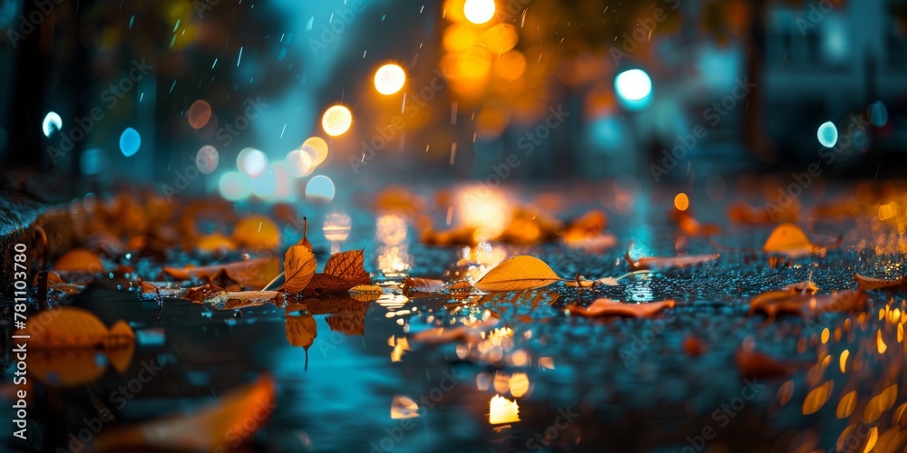 Rainy Night with Autumn Leaves on City Road