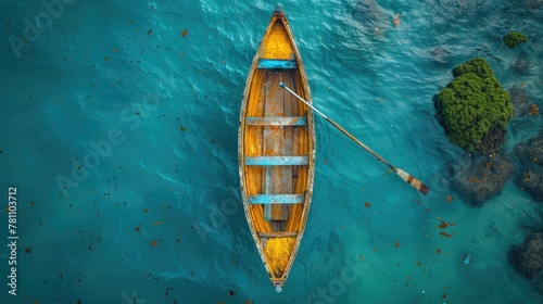 Aerial view of a wooden canoe with oar