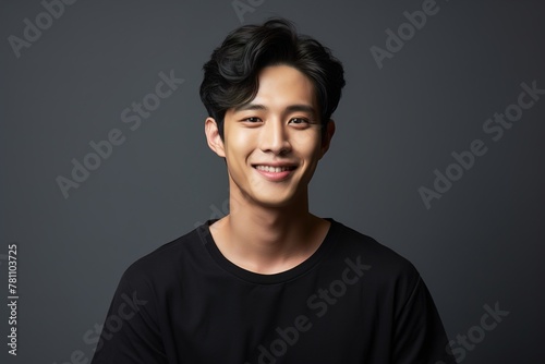 A young man with short hair and a black shirt is smiling