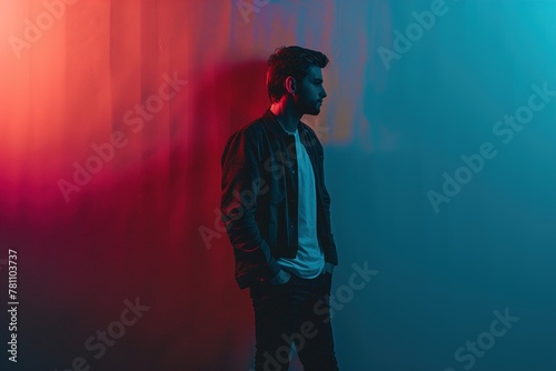 A man stands in front of a red wall