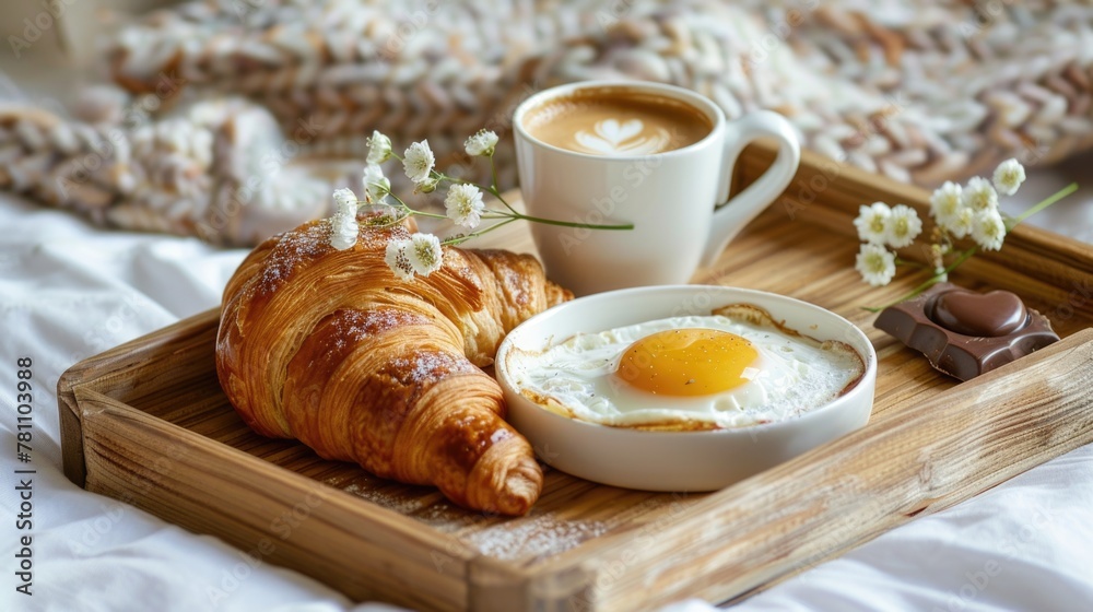 Breakfast in bed with croissant, fried egg, and coffee on a wooden tray. Breakfast in bed with croissant, fried egg, and coffee on a wooden tray.