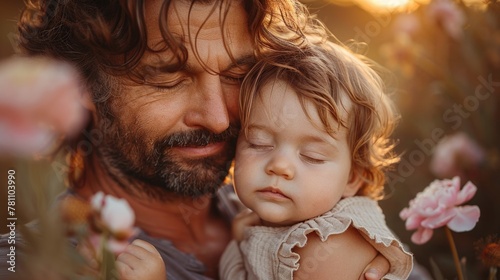Tender Moment Between Father and Sleeping Child in Sunset Flower Field