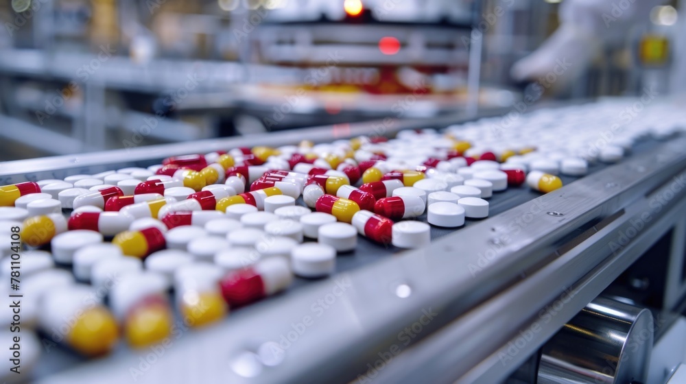 Pharmaceutical production line with capsules. Healthcare industry and technology concept Pharmaceutical production line with capsules. Healthcare industry and technology concept