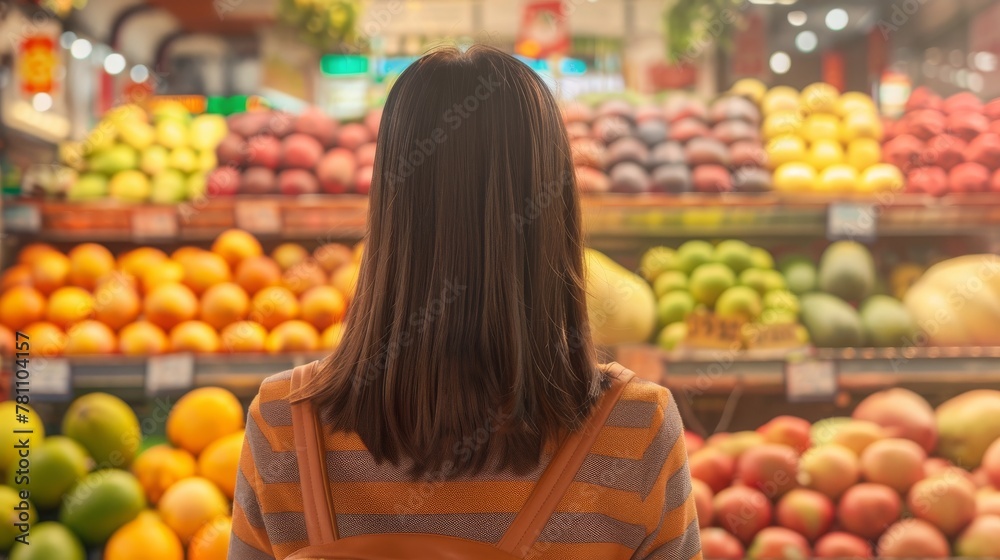 Young woman looking at fruit stalls at the Asian market, back view, tourist photo. Shopping, food market, supermarket. Young woman looking at fruit stalls at the Asian market, back view, tourist photo. Shopping, food market, supermarket.