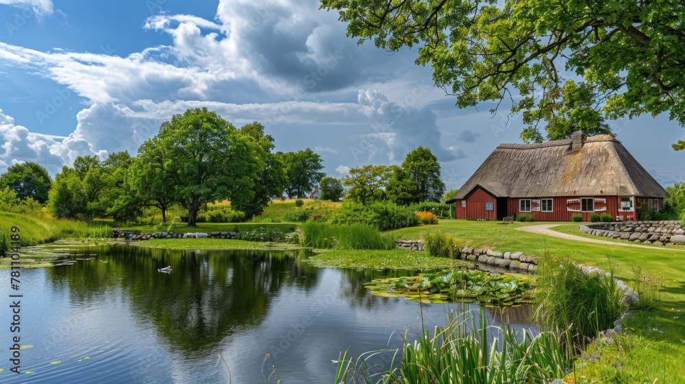 Traditional thatched roof house beside a pond with lily pads and green landscape.