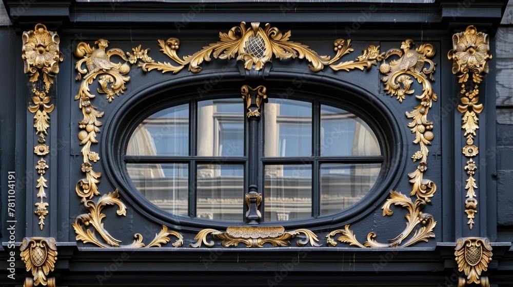 Ornate golden baroque decorations on a black framed window.