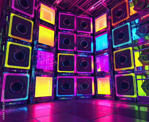 tweeter speaker in 16 squares, bright colors, pop art style a big server rack with alot of servers blinking