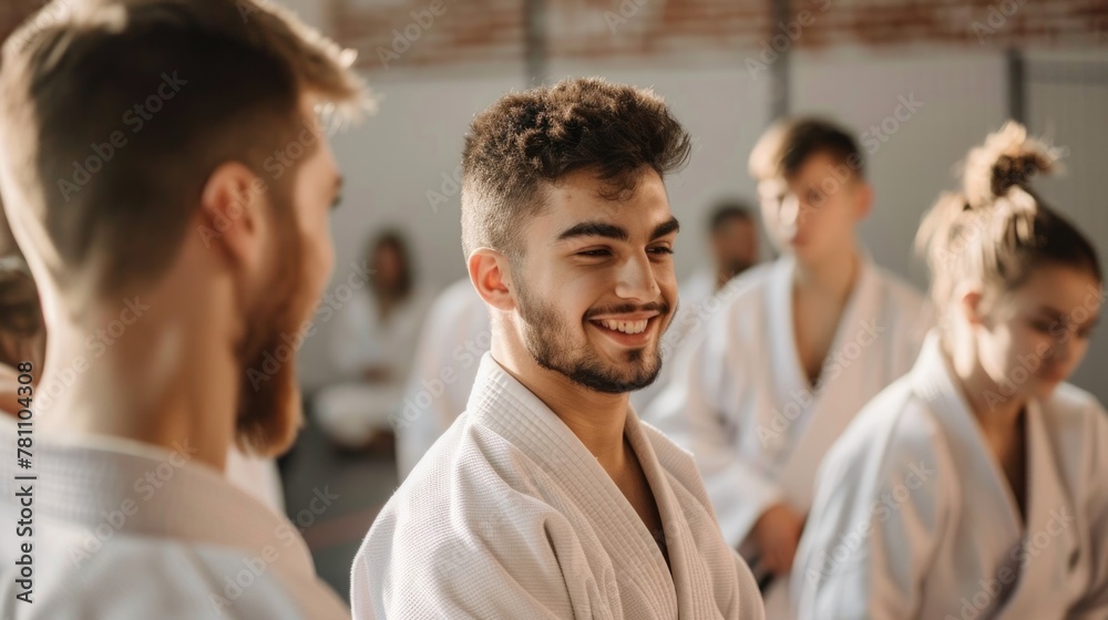 Fototapeta premium Male martial arts student in dojo. Selective focus lifestyle photography.