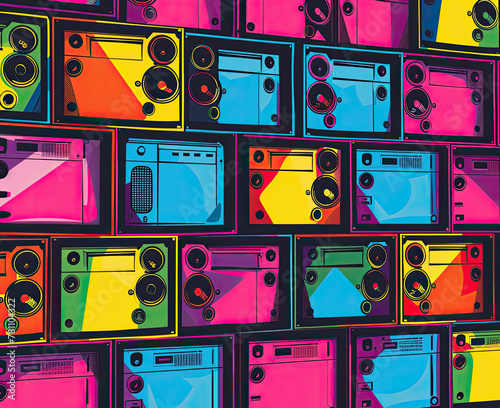 tweeter speaker in 16 squares, bright colors, pop art style a big server rack with alot of servers blinking photo