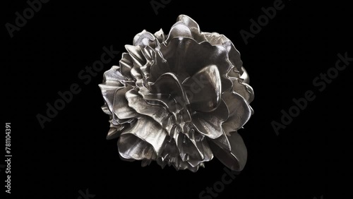 Realistic DOF abstract looping 3D animation of the morphing liquid textured aged silver metal flower-like form rendered in UHD with alpha matte