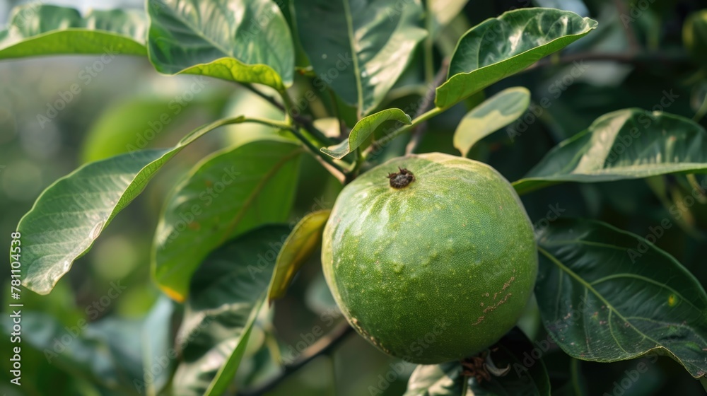 Green guava fruit on tree with raindrops.