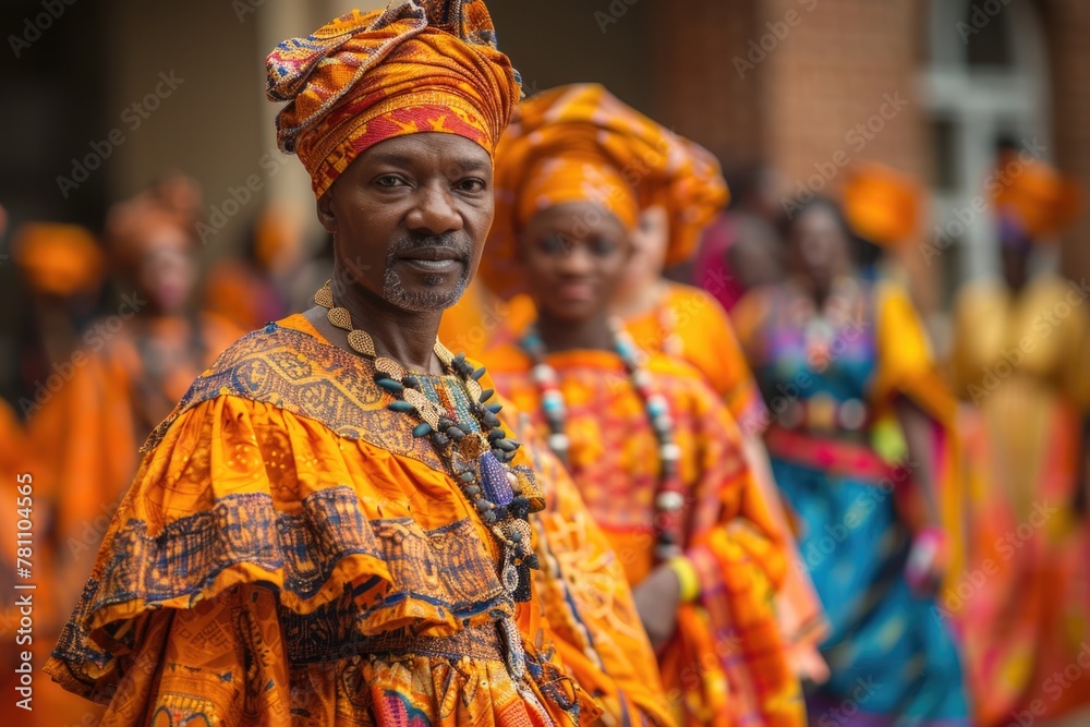 Man in traditional African attire leading a cultural procession.