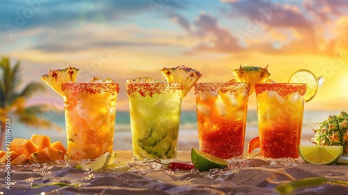 Tropical cocktails on beach at sunset. Refreshing summer drinks concept with ocean view, suitable for design and print in food, beverage, and travel themes photo