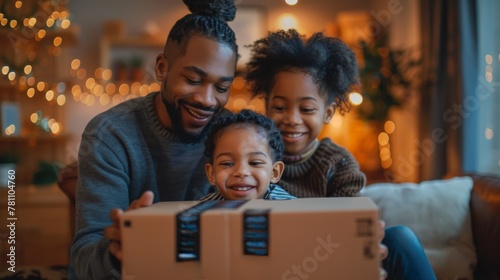 A happy family enjoying a moment together as they open a package at home. Home Delivery