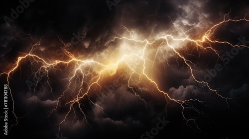 Intense lightning storm with dramatic clouds. High contrast nature photography.