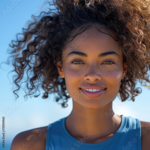 Smiling young woman outdoors with blue sky background.