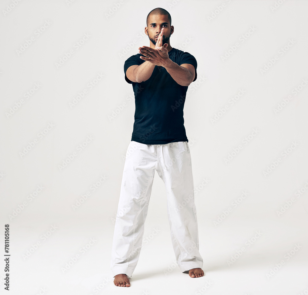 Studio, portrait and man with karate for practice, training exercise and self defence in workout. Serious, male person and pose in martial arts for sports, fitness and health on white background Studio, portrait and man with karate for practice, training exercise and self defence in workout. Serious, male person and pose in martial arts for sports, fitness and health on white background