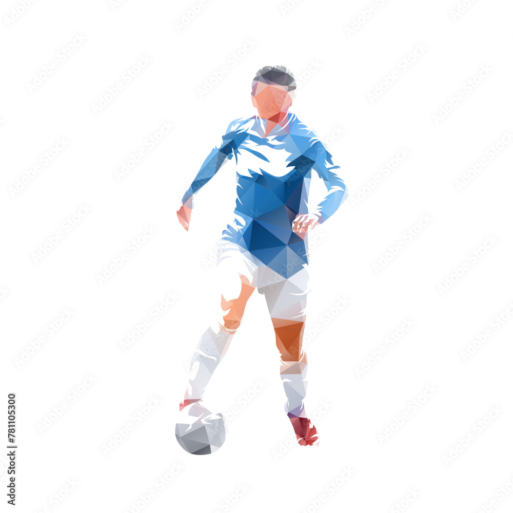 Woman soccer player. Geometric isolated vector illustration. Female playing football, front view - obrazy, fototapety, plakaty 