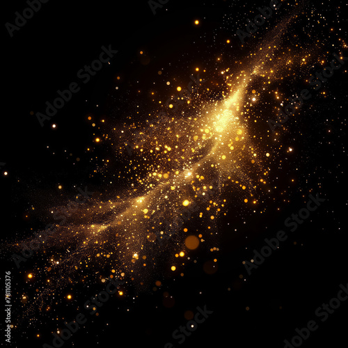 Glittering Gold Light Flare, glittering particles cascading outward against the velvety black background