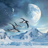three realistic penguins flying in the sky, snow and icy mountains in the background, big moon in the background