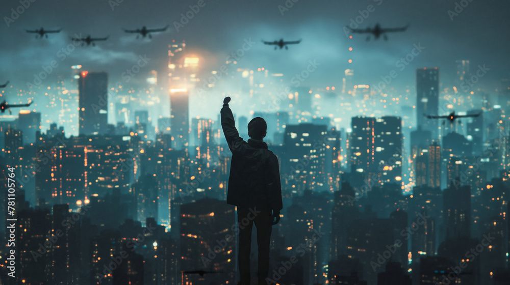 A silhouette of an urban man with his fist raised in the air standing on top, overlooking a futuristic cityscape at night. with fighter jets flying overhead, A dystopian future concept A silhouette of an urban man with his fist raised in the air standing on top, overlooking a futuristic cityscape at night. with fighter jets flying overhead, A dystopian future concept