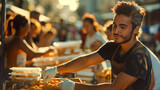 A handsome volunteer with messy hair and a black t-shirt. Give food to people, Surrounded by happy people, sunlight, bokeh